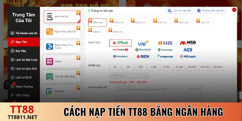 Cách nạp tiền TT88 bằng ngân hàng online